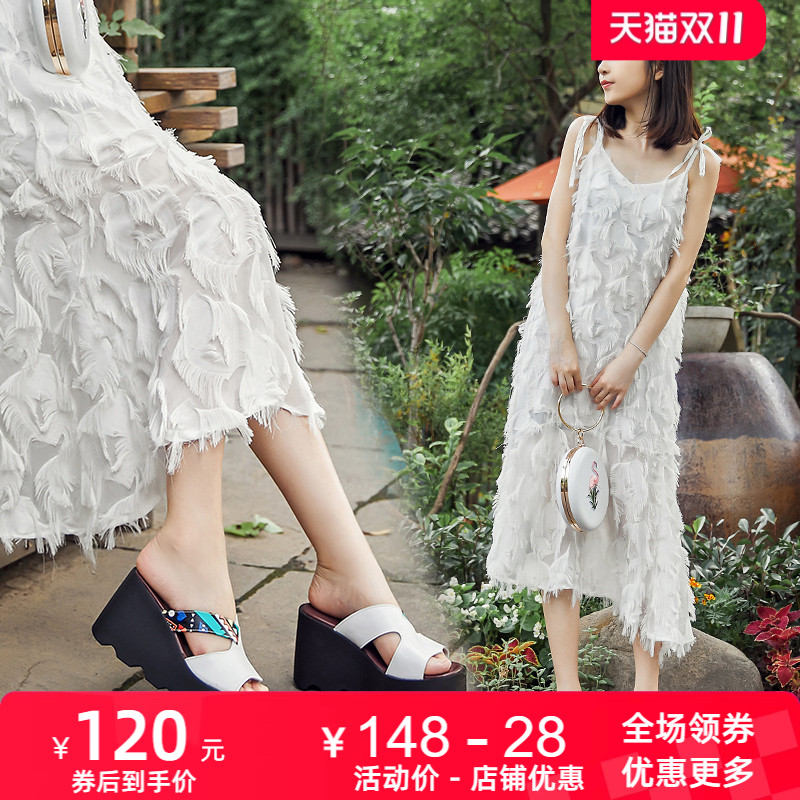 夏季休闲时尚牛皮厚底坡跟凉拖鞋