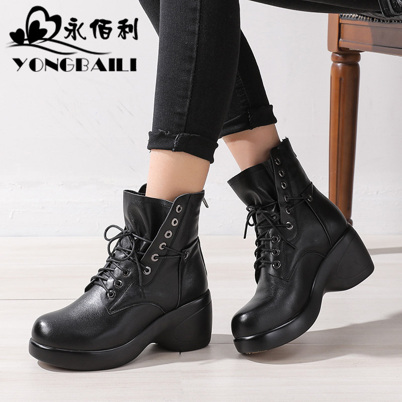 厚底高跟真皮短靴女2025冬季新款加绒保暖圆头马丁靴休闲软底皮鞋