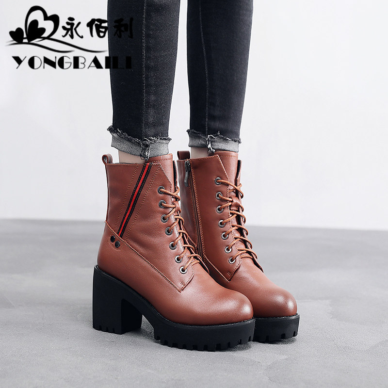 高跟防水台欧美风短靴加绒女鞋2025冬新款真皮厚底粗跟马丁靴皮鞋