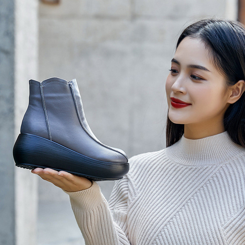 2026新款加绒棉鞋牛皮厚底短靴女高跟休闲女靴皮鞋马丁靴棉靴女鞋