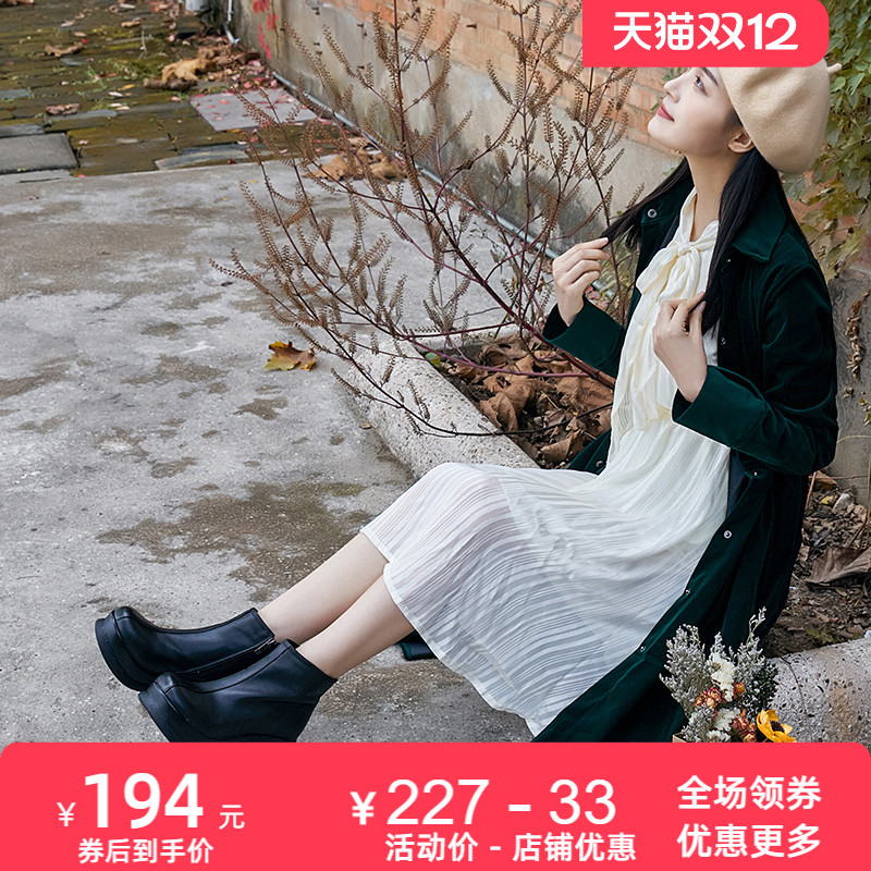 新款坡跟松糕底牛皮休闲圆头女靴