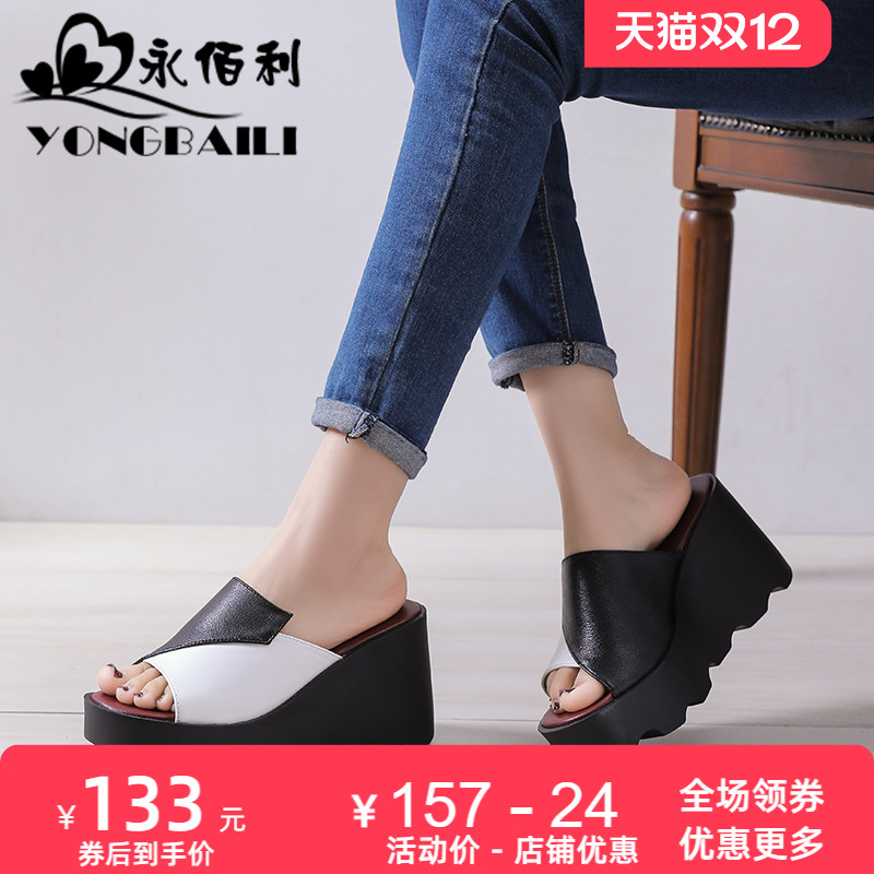 时尚外穿牛皮百搭厚底高跟拖鞋