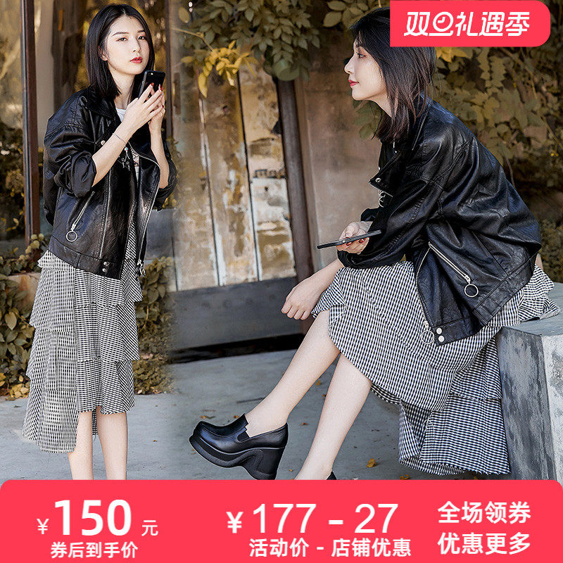 厚底新款真皮深口坡跟复古女单鞋