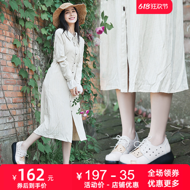 2025春夏新款原创镂空透气休闲真皮单鞋女圆头系带牛皮女鞋皮鞋