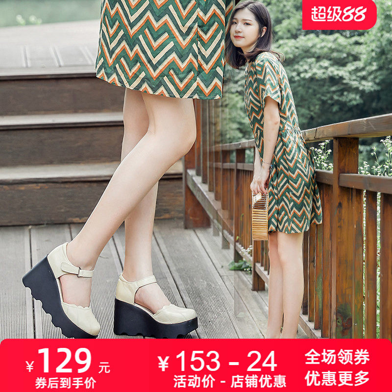 2026春夏新款原创包头手工厚底坡跟高跟羊皮凉鞋女松糕休闲女皮鞋