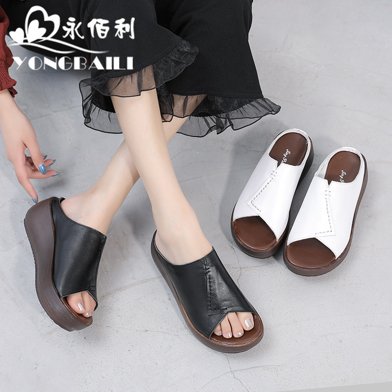 夏新款一字拖鞋女真皮室外穿时尚牛皮厚底坡跟松糕凉拖鞋皮鞋休闲