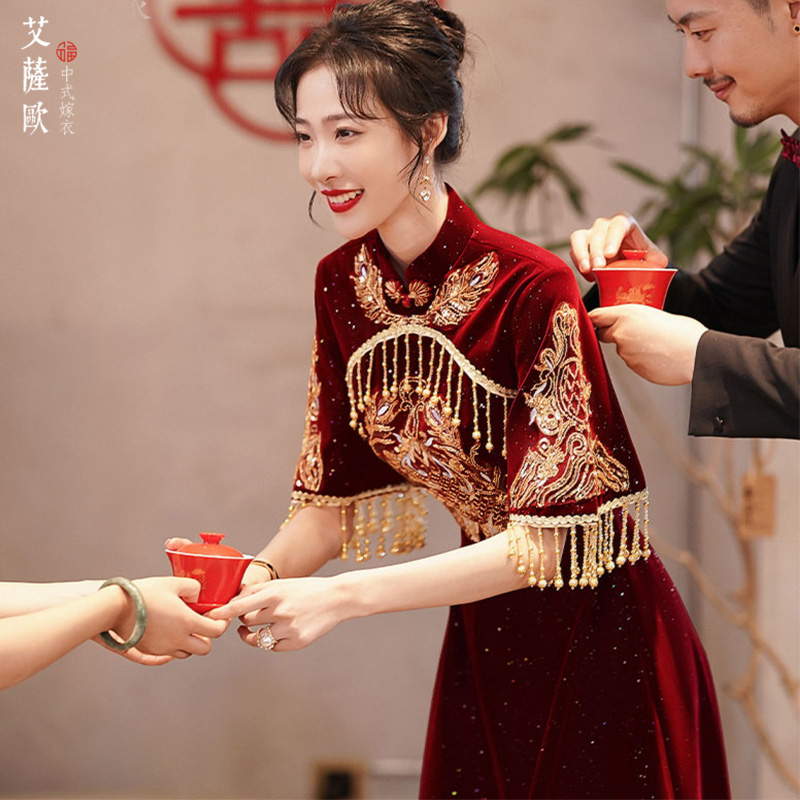 Chinese style cheongsam Toast clothing bride Acknowledge marry Back door full dress velvet Claret Engagement Dress Autumnin the Women's clothing/Boutique , Wedding/Cheongsam/Formal dress , Formal dress/Evening  category - from Buy2taobao.com to provide professional Taobao agent buy service