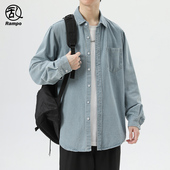 春季 衬衣外套多口袋上衣服 潮牌宽松休闲工装 港风复古牛仔衬衫 男款
