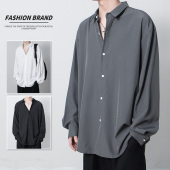 宽松学院风垂感衬衣潮流帅气高级感上衣服 男冰丝痞帅薄款 长袖 衬衫