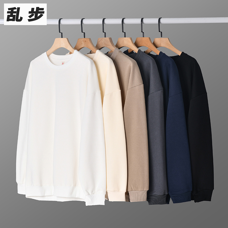 美式高街圆领纯色长袖T恤卫衣男