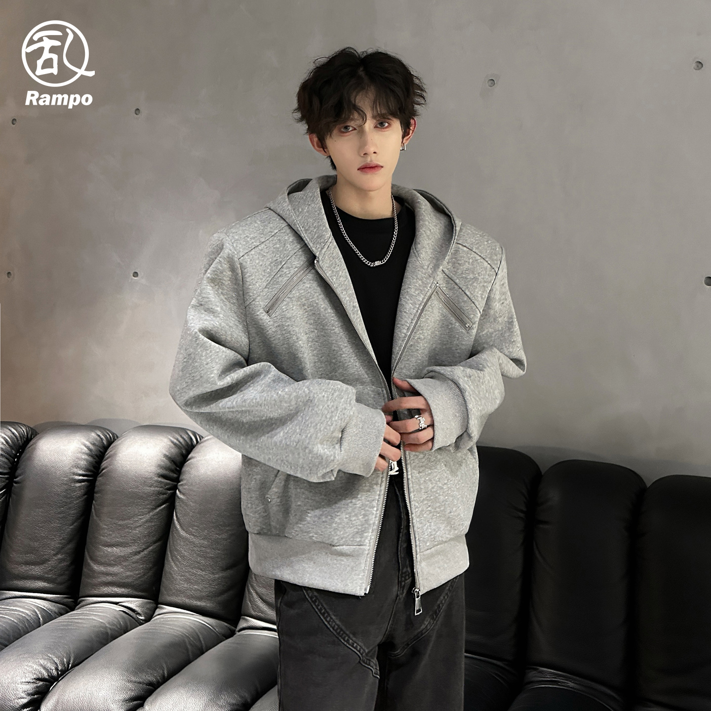 美式复古金属拉链垫肩卫衣外套男