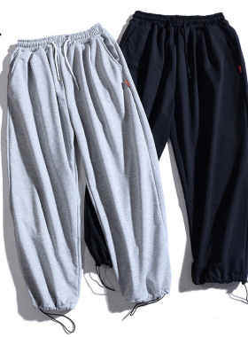 乱步灰色束脚裤子男纯色百搭抽绳卫裤韩版潮流宽松运动休闲长裤男