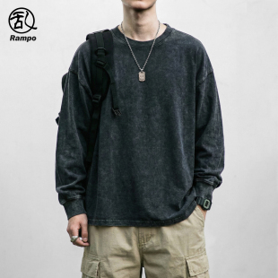 圆领卫衣情侣百搭休闲打底衫 美式 T恤男春季 重磅260g水洗做旧长袖