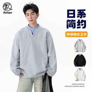 条纹衬衫领潮牌拼接假两件套头立领美式卫衣男女秋冬宽松重磅外套