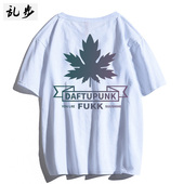 潮人男女宽松tee夏季 美式 休闲嘻哈街头滑板反光枫叶印花T恤短袖