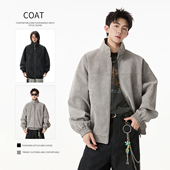 港风复古麂皮绒外套男女同款 秋冬季 潮流宽松立领夹克情侣百搭上衣