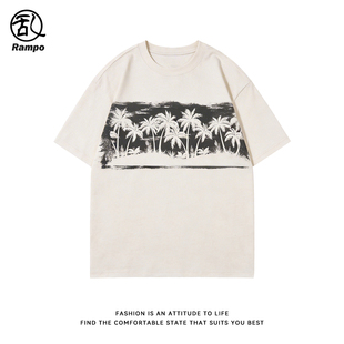半袖 男宽松百搭情侣装 T恤 重磅纯棉潮牌椰树印花oversize短袖 夏季
