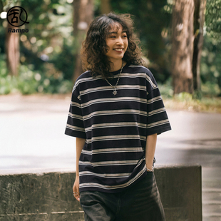 男女 日系复古撞色条纹落肩T恤圆领宽松情侣休闲百搭短袖 乱步 夏季