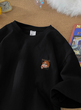 260G重磅简约纯棉男士短袖T恤ins潮牌黑色卡通印花半袖休闲打底衫