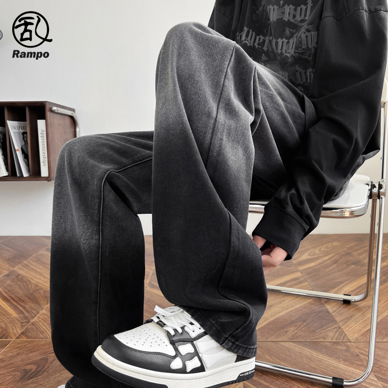 黑色牛仔裤秋季直筒宽松痞帅长裤