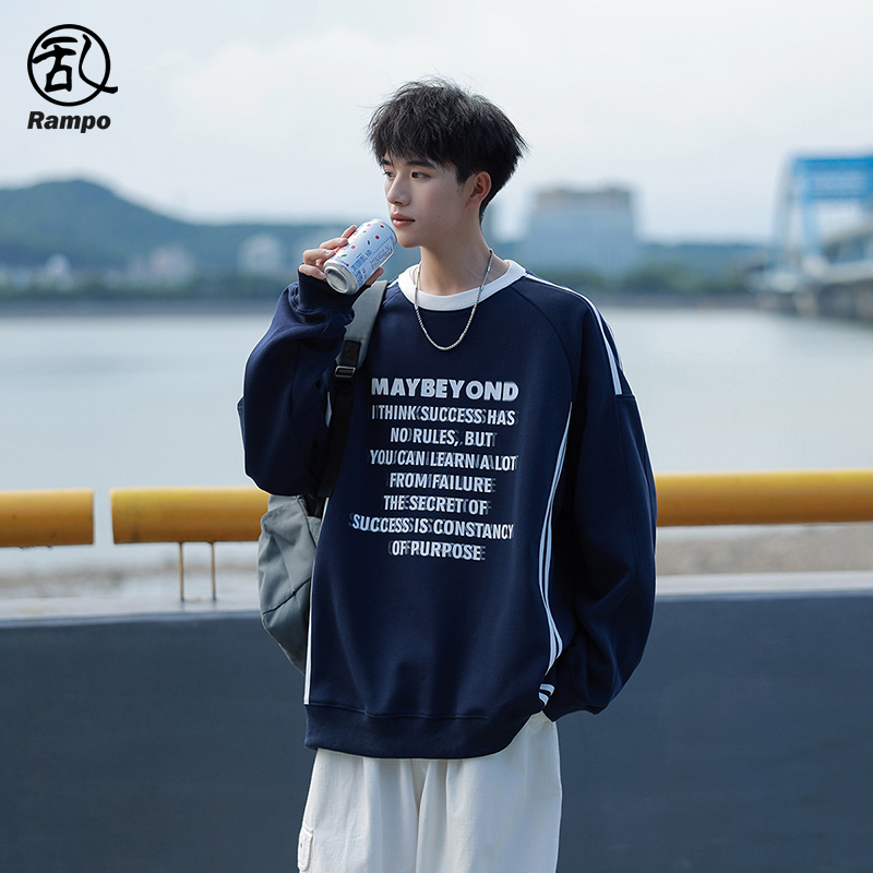 美式字母印花圆领卫衣无帽外套男