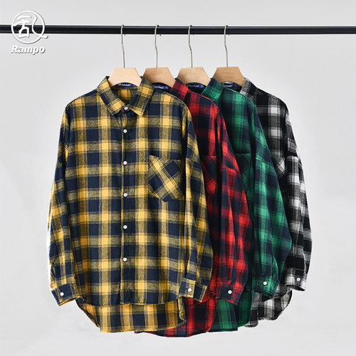日系复古磨毛格子衬衫衬衣外套潮