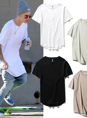 kanye侃爷比伯同款纯色打底衫圆弧下摆短袖t恤男加长款上衣中长款