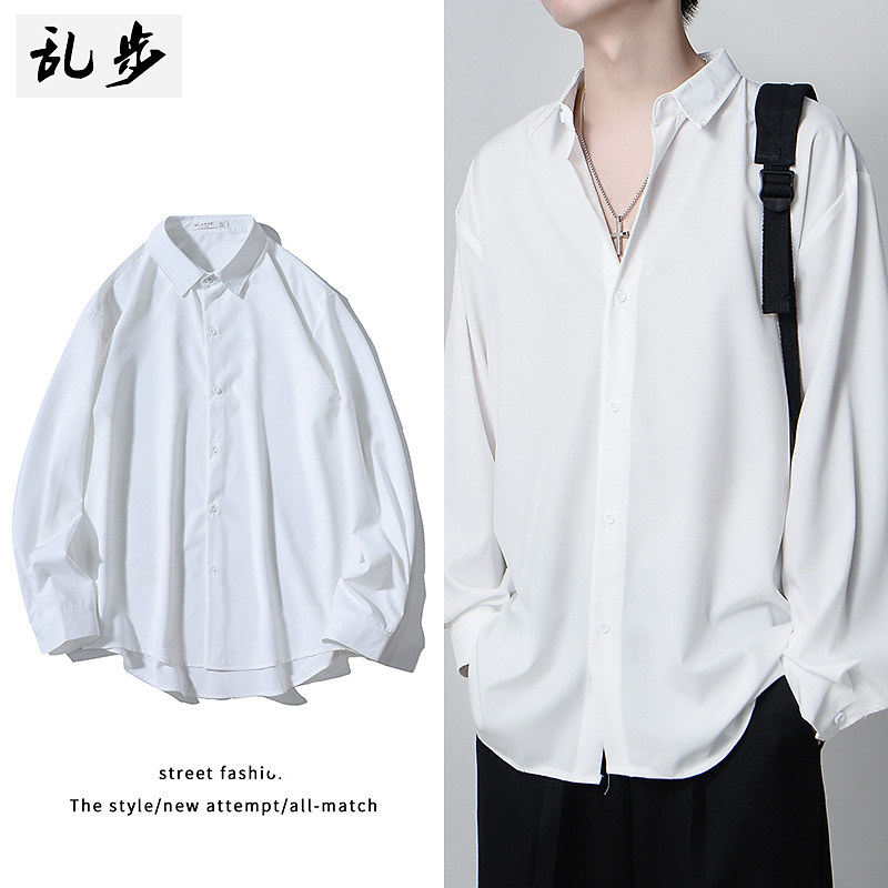 垂坠感薄款长袖衬衫男士免烫冰丝凉感宽松白色衬衣痞帅潮流dk制服