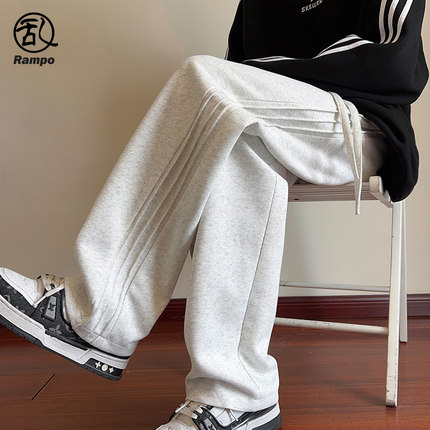 加绒休闲卫裤男款2025年美式复古灰色阔腿裤子青少年垂感运动长裤