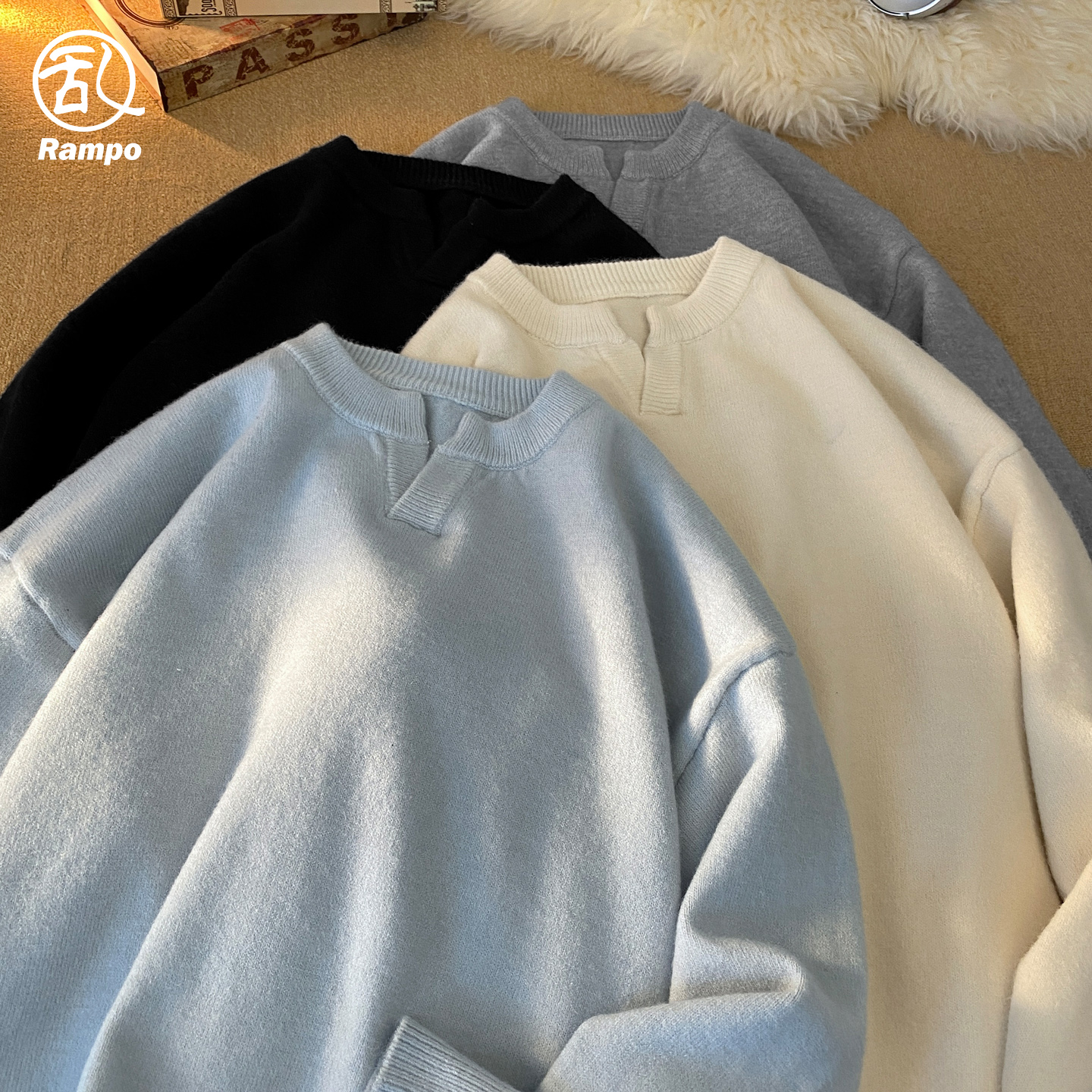 韩系慵懒ins风V领毛衣男女秋冬季