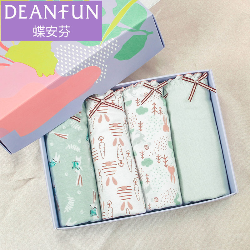 Deanfun/蝶安芬女士内裤女中腰无痕蕾丝边蝴蝶结小清新印花女短裤