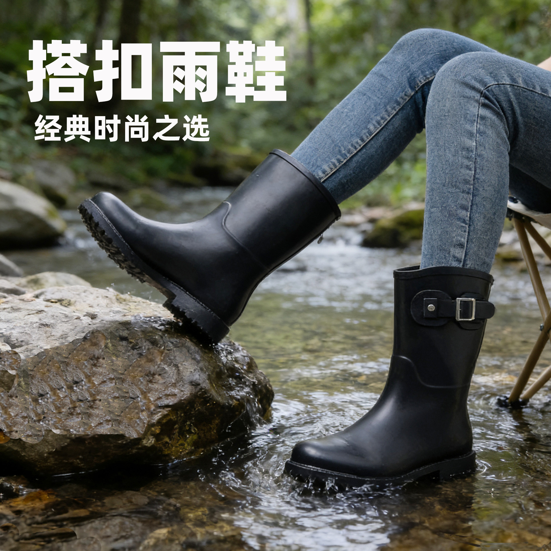 雨牧时尚雨鞋女款防滑胶鞋中筒搭扣雨靴成人赶海防水鞋软底套鞋