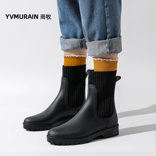 防水瘦瘦靴防滑雨靴短筒水鞋 雨牧新款 时尚 女款 飞织接帮切尔西雨鞋