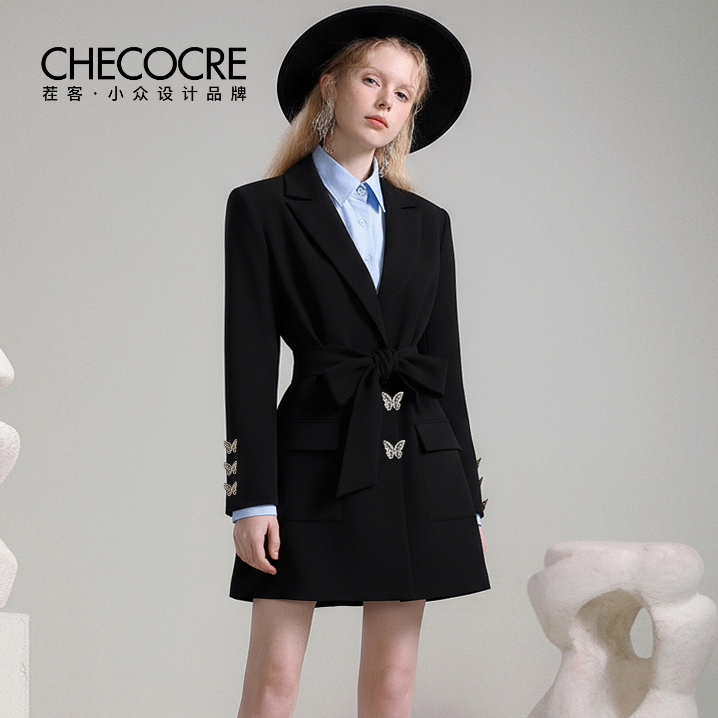 茬客西装领立体蝴蝶系带上衣