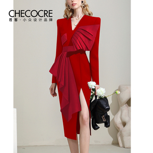 茬客优雅红色礼服裙秋冬新款宴会气质v领轻熟性感开叉连衣裙