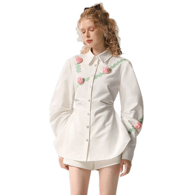 茬客立体花朵少女感中长款白衬衫