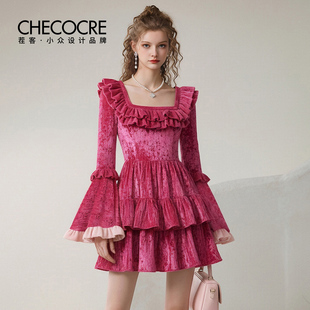 方领喇叭袖 甜美减龄连衣裙秋新款 荷叶边短裙 玫果绮梦 茬客