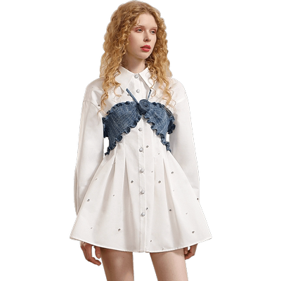 茬客气质感牛仔抹胸衬衫裙