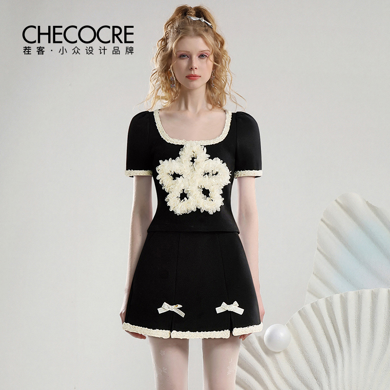 茬客时尚立体花针织休闲套装裙裤