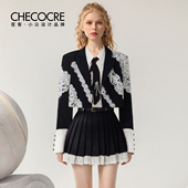 小众设计感蕾丝边西装 茬客甜酷少女风套装 裙2025秋新款 外套百褶裙