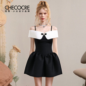 连衣裙2025夏新款 茬客法式 气质感时尚 撞色吊带露肩黑色赫本风短裙