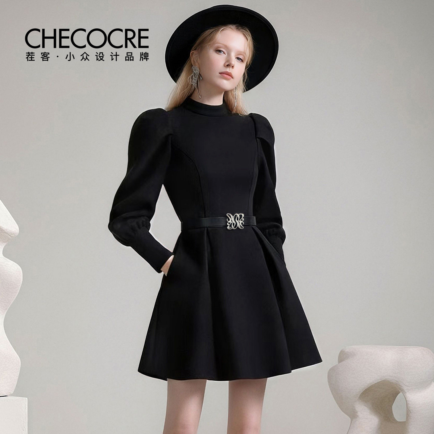 茬客【墨色凝香】复古优雅宫廷风连衣裙2026春季新款收腰A字裙