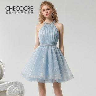 浪漫风连衣裙26春新款 法式 挂脖烫金网纱散摆裙 冰蓝星芒 茬客