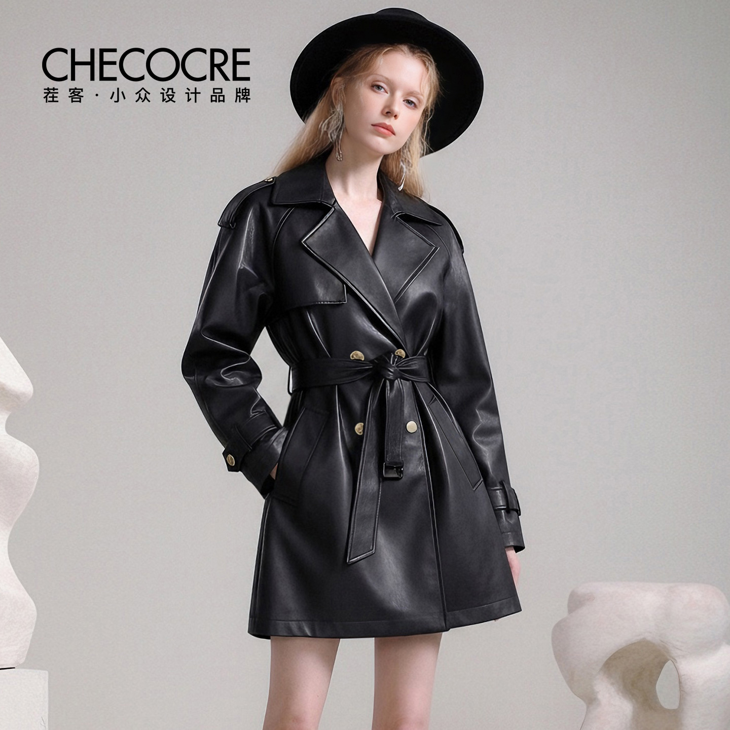 茬客戗驳领皮质金属扣皮衣