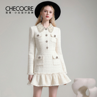 连衣裙秋款 法式 翻领钻饰收腰荷叶边短裙 踏雪寻松 茬客茬客