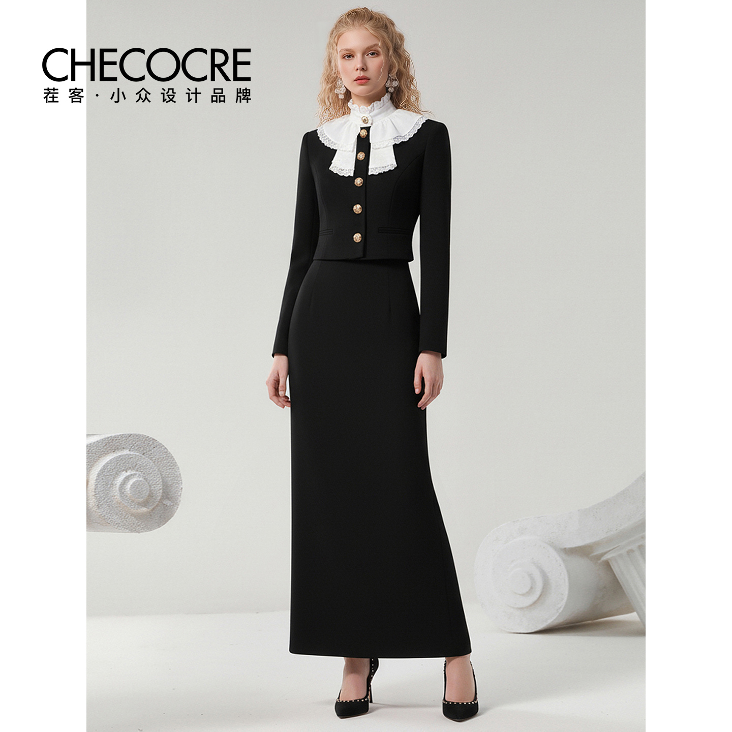 茬客新款立领撞色上衣半裙