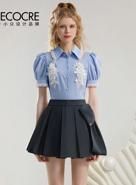 茬客甜美少女风衬衫夏季新款立体花朵泡泡袖镂空性感蓝色上衣