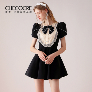 茬客法式连衣裙女名媛风优雅浪漫风情收腰显瘦绣花气质复古小黑裙