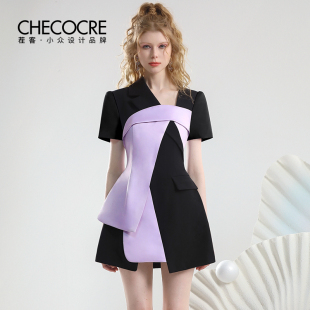 黑紫撞色不规则拼接短袖 新款 连衣裙 裙25年夏季 茬客气质通勤风西装