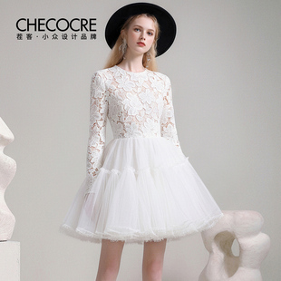 茬客【蕾丝云纱】浪漫名媛风连衣裙2026春新款圆领立体蕾丝拼网纱